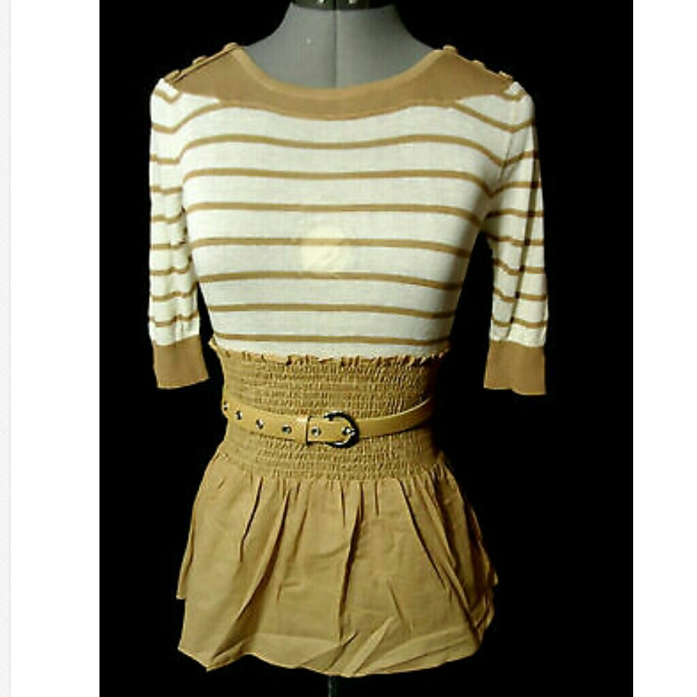Nwt NARANKA Boho Belted top M Taupe White stripe Sailor T-shirt BoatNeck blouse